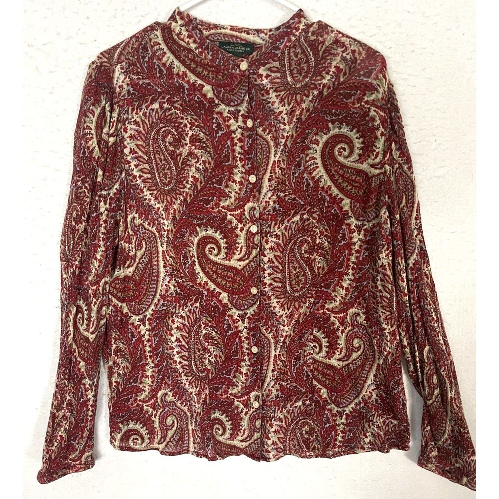 LRL Lauren Jeans Co Women's XL Blouse Shirt Top Paisley Long Sleeve Button Red
